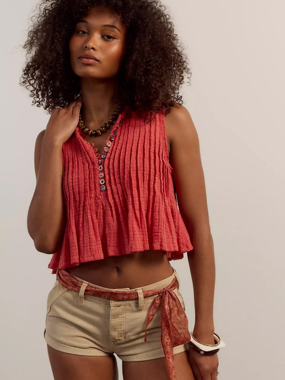 ☀️ Free People FP One Cayenne Red Parker Cropped Pleated Tank M NWT